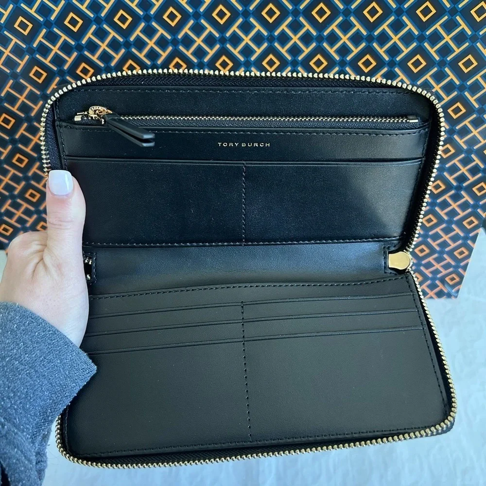 Tory Burch Emerson Canvas Zip Continental Wallet Multi Leather Black Tan Gold